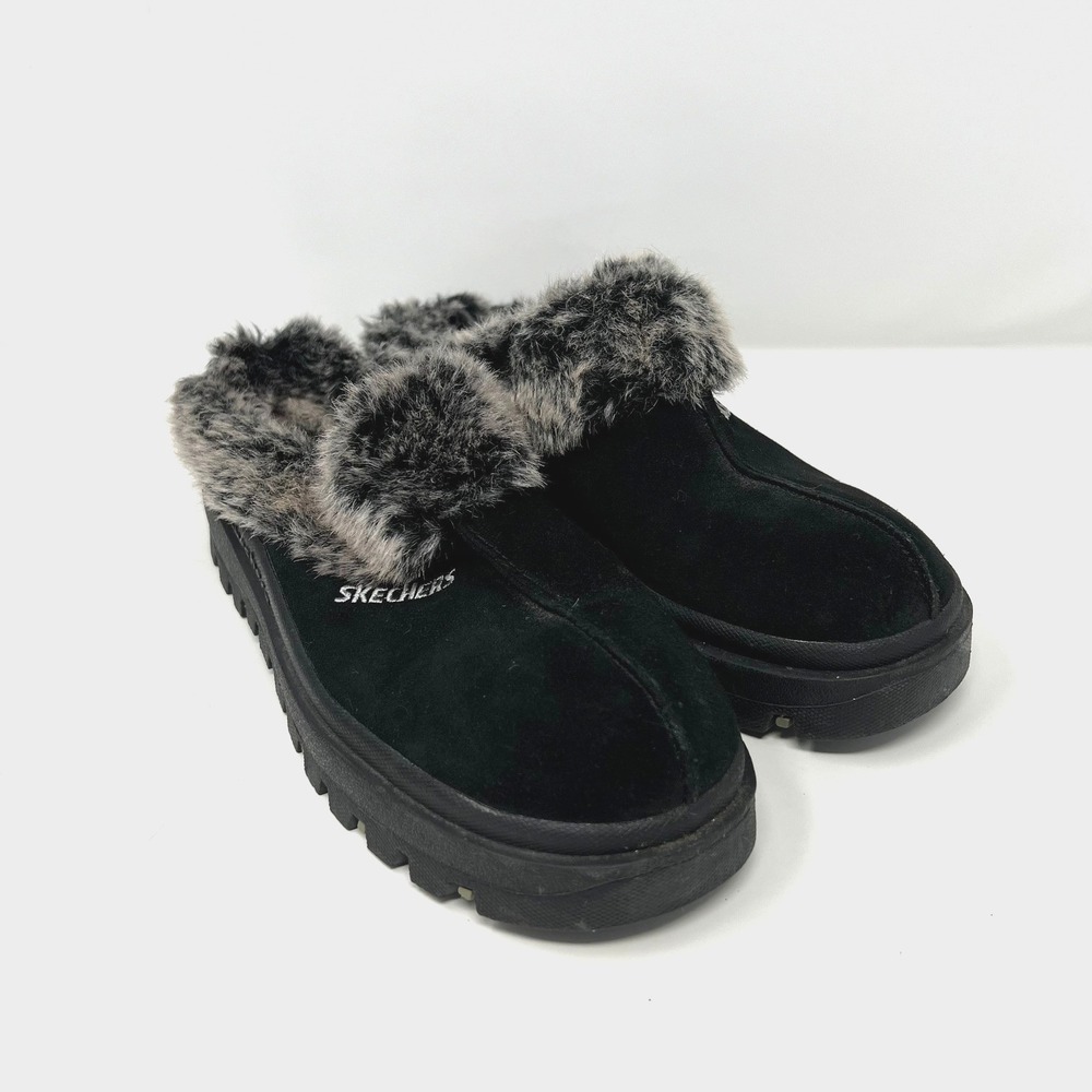 Skechers Shoes Women's Size 7 Slides Slippers Clogs Faux‎ Fur Black 45703